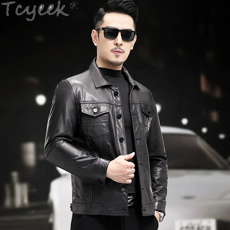 Tcyeek Real Leather Jacket Men Spring Autumn Clothes Cowhide Leather Coat Men's Motocycle Jackets Slim Fit Jaqueta De Couro 2024