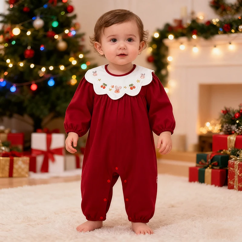 

Рождественские комбинезоны для новорожденных девочек 0-3 лет, боди для младенцев, осенние красные комбинезоны с круглым вырезом, детская цельная милая одежда для малышей