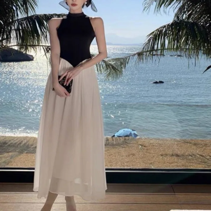 فساتين نسائية للعطلات ذات ألواح كبيرة عصرية ملابس الشارع الشهير على طراز الشاطئ موضة كورية بدون أكمام فساتين صيفية شعبية يوميًا