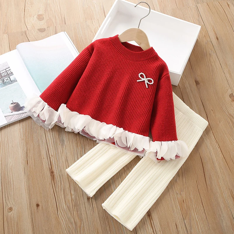 2026 New Spring 2-6Yrs Baby Girls Clothing Set Long Sleeves Knitted Pullover Sweater+Pants Kids Knitted Clothing Suit
