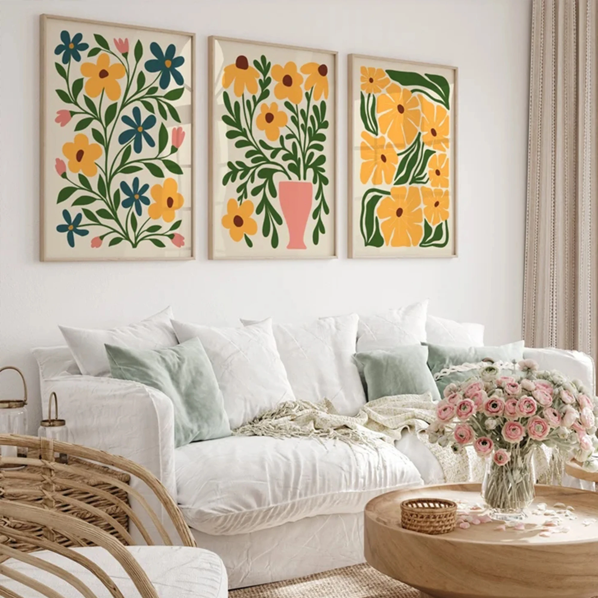 3pcs Modern Pink & Yellow Botanical Flower Wall Art Print Canvas Painting Poster Picture For Living Room,Bedroom Home Decor - view 3