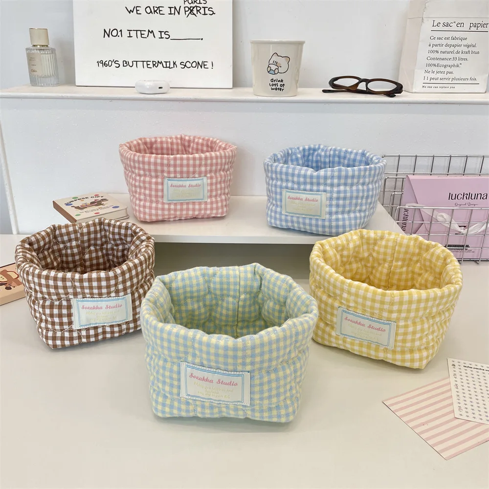 Ins Fresh Plaid Stoff-Aufbewahrungskorb für Kosmetik und Kleinteile, gesteppt, zur Organisation und Aufbewahrung auf dem Schreibtisch