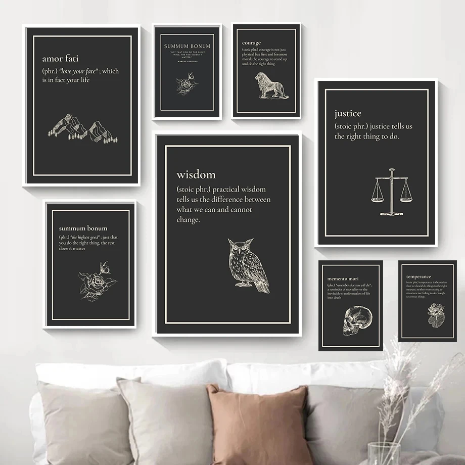 Stoicism Courage Justice Wisdom Stoic Virtue Poster Owl Lion Motivational Quote Canvas Painting Print for Office Room Home Decor