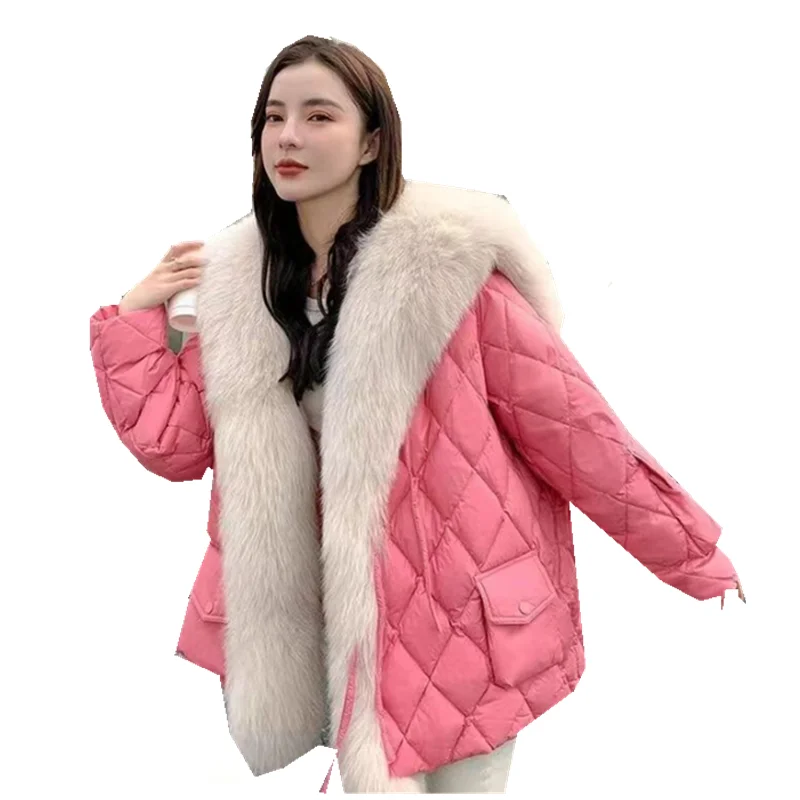 2025 Abrigos largos con cuello de piel de zorro de lujo para mujer, chaqueta holgada suave y cálida, Parka acolchada para mujer, prendas de vestir para nieve a prueba de viento, abrigos