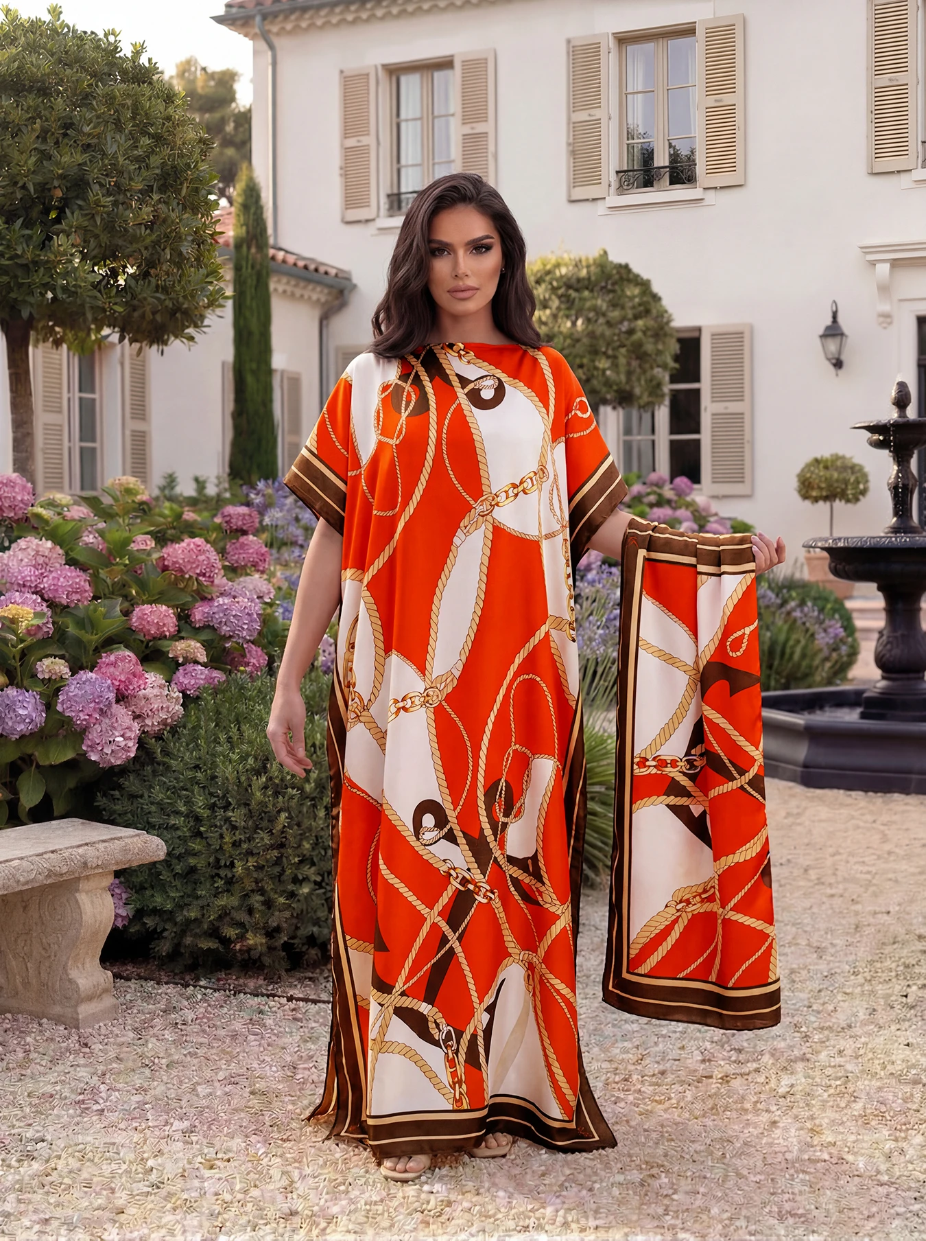 Luxury Chain Floral Leopard Print Satin Abaya Scarf Set, Loose Batwing Maxi Kaftan for Muslim Women Summer Beach Holiday Wear