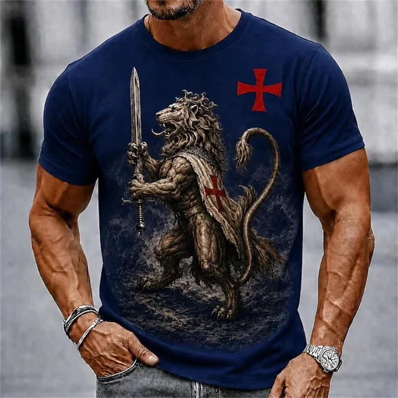 Men's Lion Knights Templar Print T-Shirt Short-Sleeve T-Shirt Gothic Retro Style Summer Casual Loose Tops