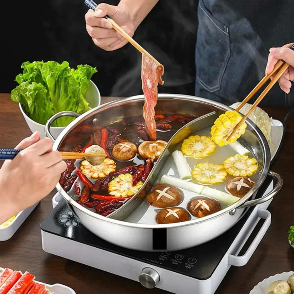 

28cm Stainless Steel Twin Divided Double Pot Hotpot Cooker Gas Stove Compatible Pot Chinese Hot Pot Kitchen Soup Cooking Pot
