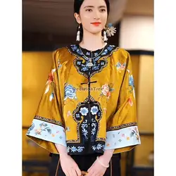2024 Chinese style traditional oriental women vintage blouse elegant party flower big sleeve vintage qipao yellow vestido top