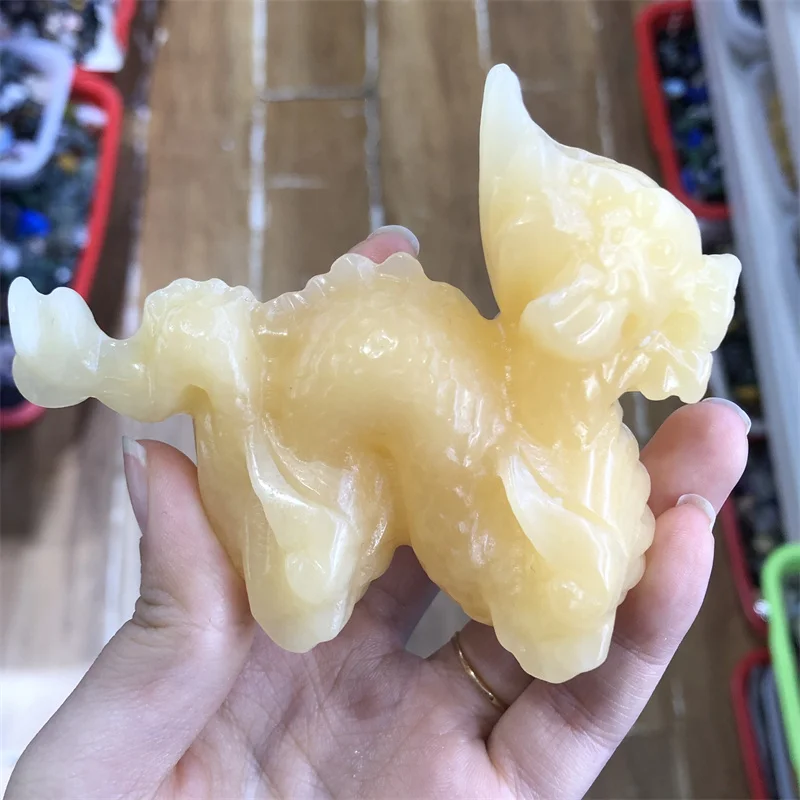 Natural Yellow Calcite Dragon Skull Head Polished Powerful Animal Statue Home Office Decoration Gift 1pcs