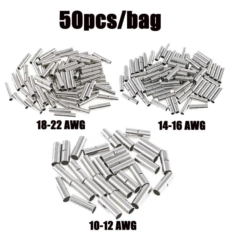 50Pcs Non Insulated Copper Butt Splice Crimp Terminal Connector Wire Crimp Connector Tin-Plated Ferrules Cord End AWG 22-10