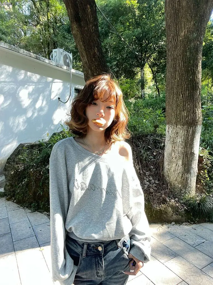 Tawaaiw grijze truien damessweatshirts off-shoulder lange mouw Koreaanse mode jaren 2000 kleding Y2k casual hoodie herfst tops