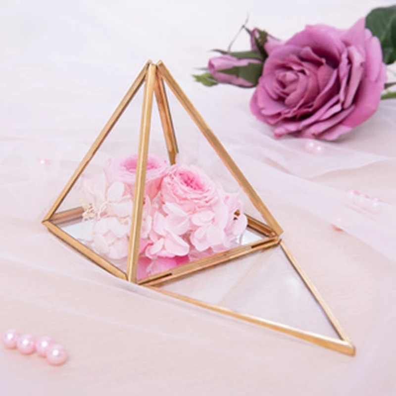 Glass Jewelry Box Golden Geometric Decorative Box Geometric Glass Pyramid Ring Holders For Wedding Birthday Gift