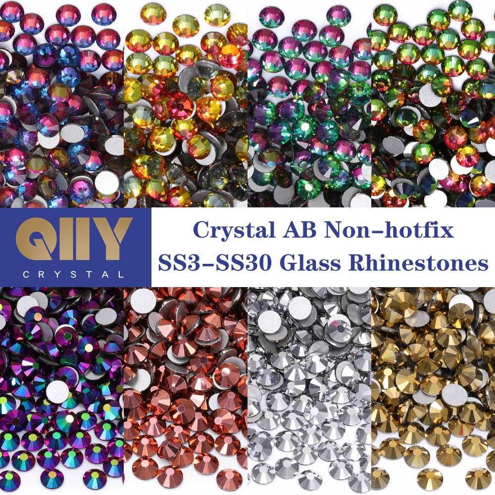 QIIY SS3-SS30 زجاج عالي الجودة كريستال AB أحجار الراين غير الإصلاح غراء مسطح على الحجارة لتقوم بها بنفسك رسومات أظافر الديكور