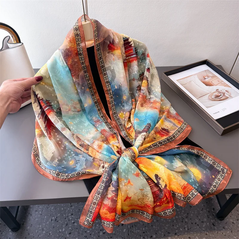 

2025 New 180*70cm Classic Silk Scarf Women Office Lady Large Scarves Fashion Print Beach Hijab Shawl Warp Bandanna Muffler Pareo