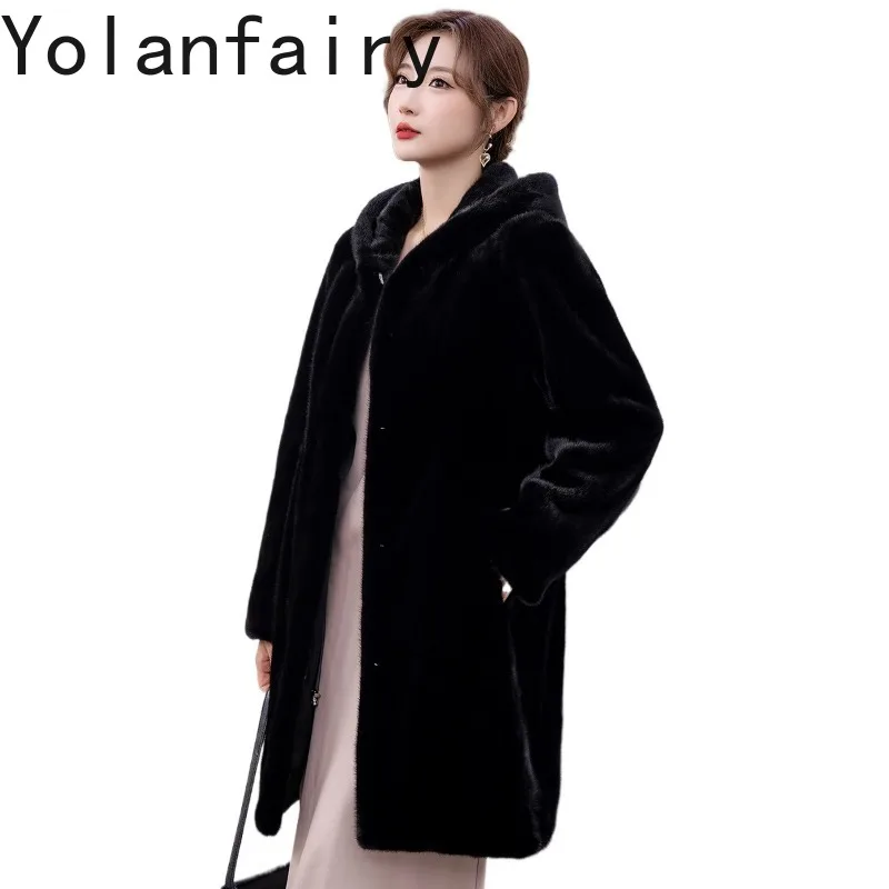 YOLANFAIRY Whole Mink Natural Real Velvet Mink Coat Fur Jacket Mid-length Style Full Pelt Woman High Quality Hooded Winter Coat