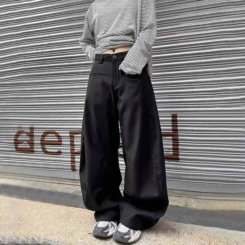 

Multiple Pockets Curved Knife Man Suit Pants Spring Autumn Metal Zipper Straight Wide Leg Baggy Pants New Y2k Loose Men Trousers