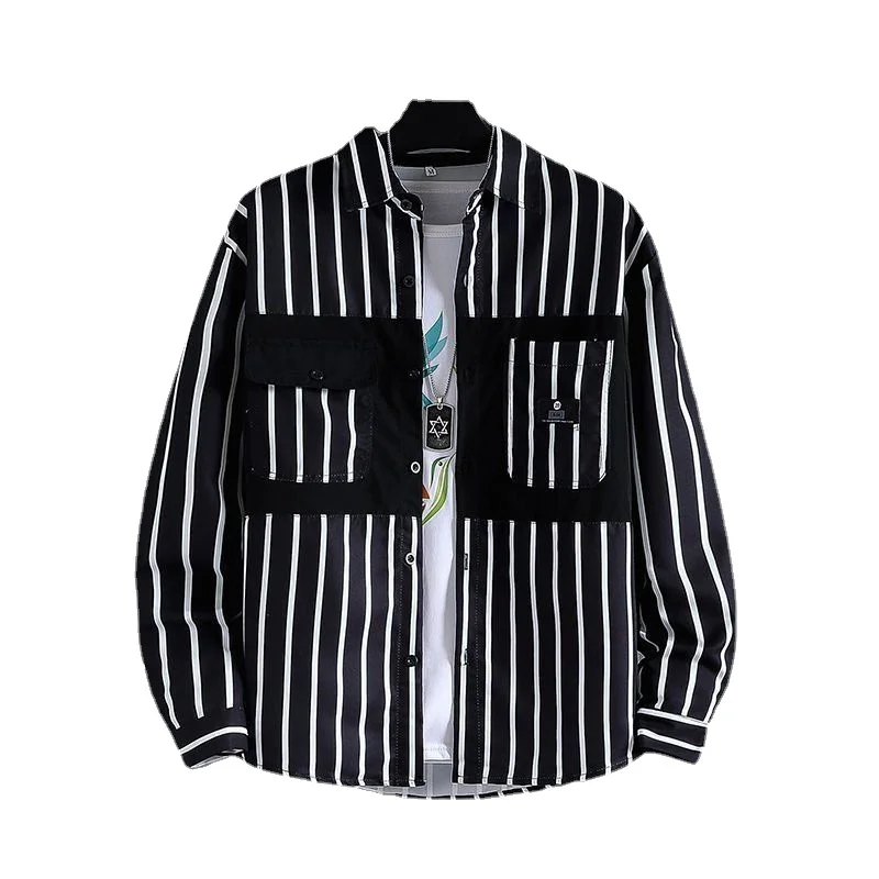 Men\'s Striped Long-sleeved Shirts, Casual Printed Shirts, Korean-style Ins Style Loose All-match Trend Tops