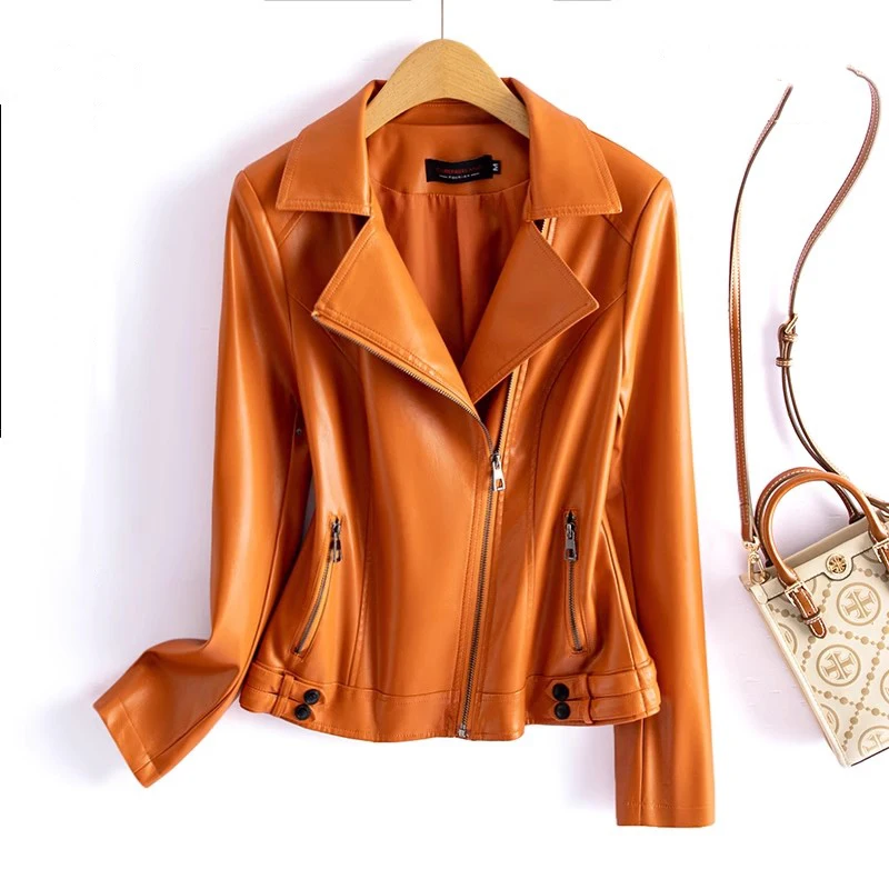 New Women Short Leather Coat Spring Autumn Fashion Suit Collar Zipper Fly Slim Moto Biker Jacket Split Leather Casual Outerwear