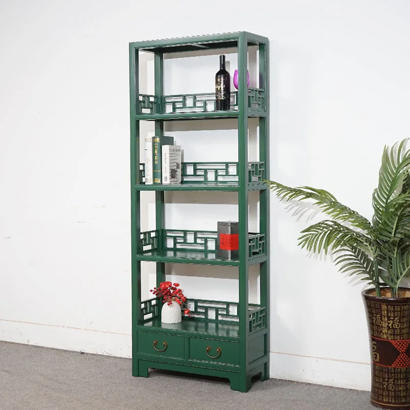 New Chinese style all solid wood bookshelf bookcase simple multi-layer shelf antique tea room teapot display stand cabinet