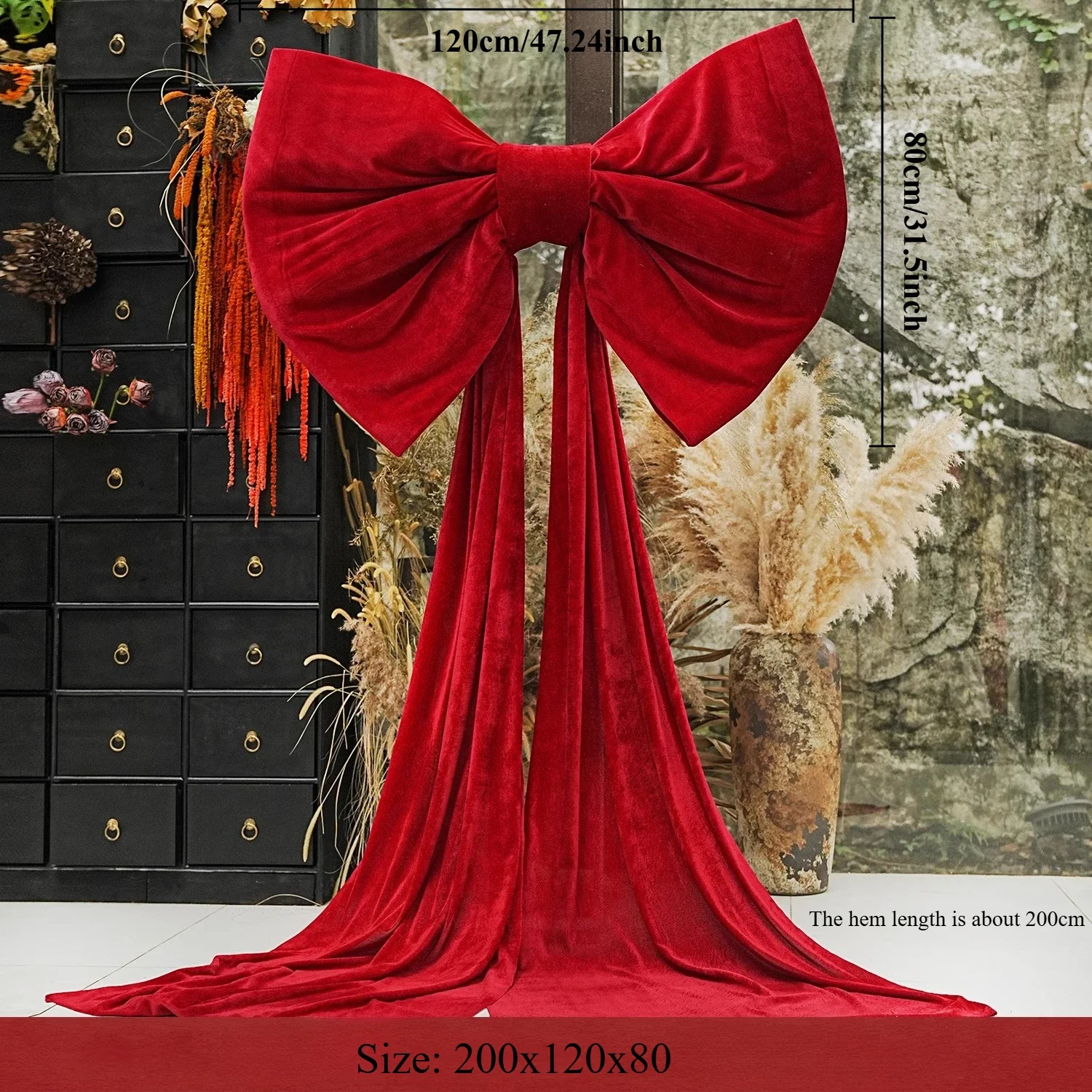 レッドベルベット特大リボン春祭り装飾店舗ショッピングモールの窓新年背景壁結婚式の部屋のレイアウト