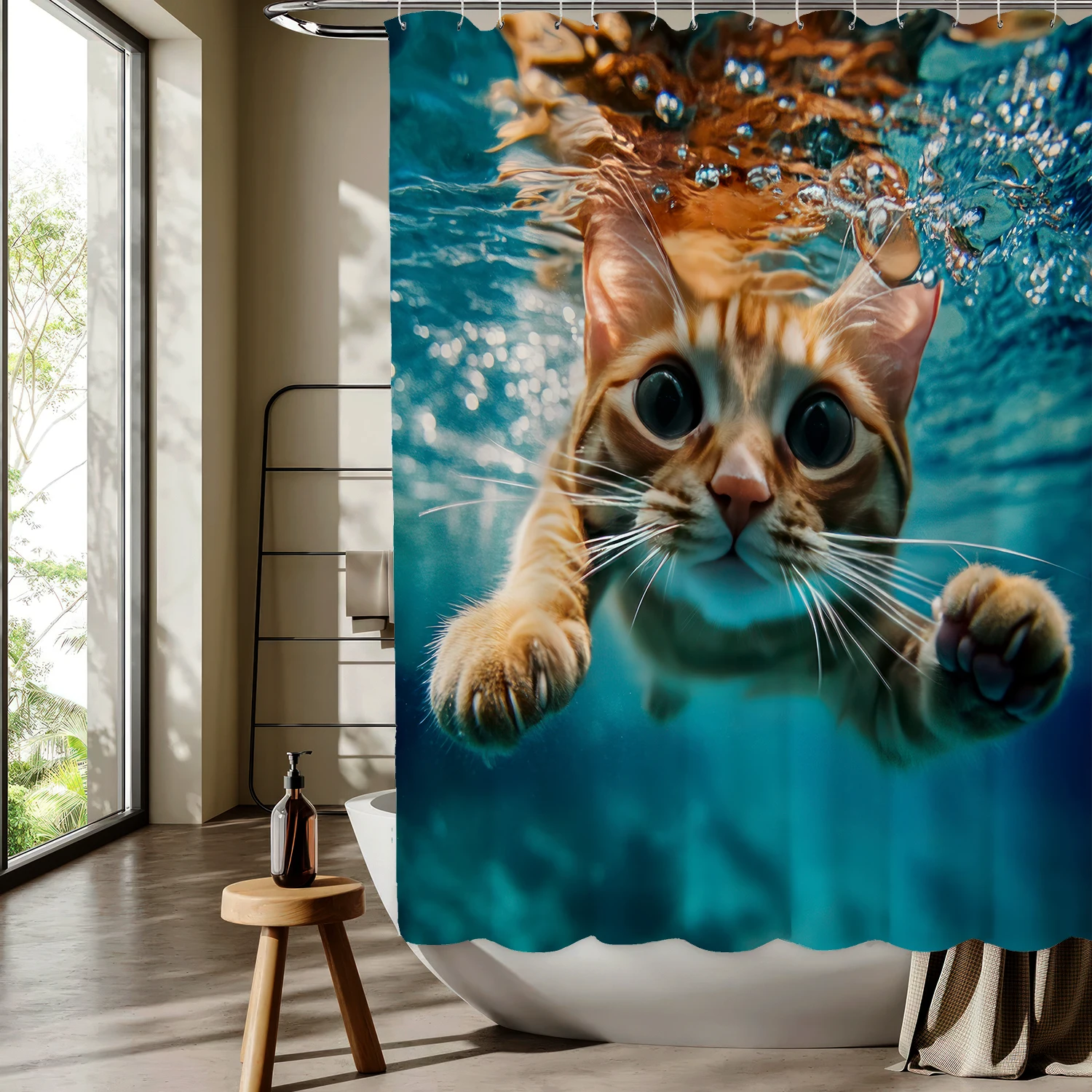 Diving cat pattern digital print shower curtain