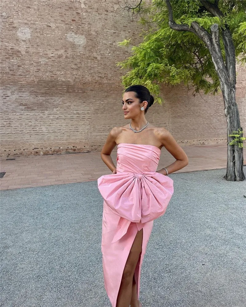 

Katerina Sexy Strapless Pink Taffeta Party Evening Dress Big Bow Split Arabic Tea Length Formal Prom Dress Night Event Occasion