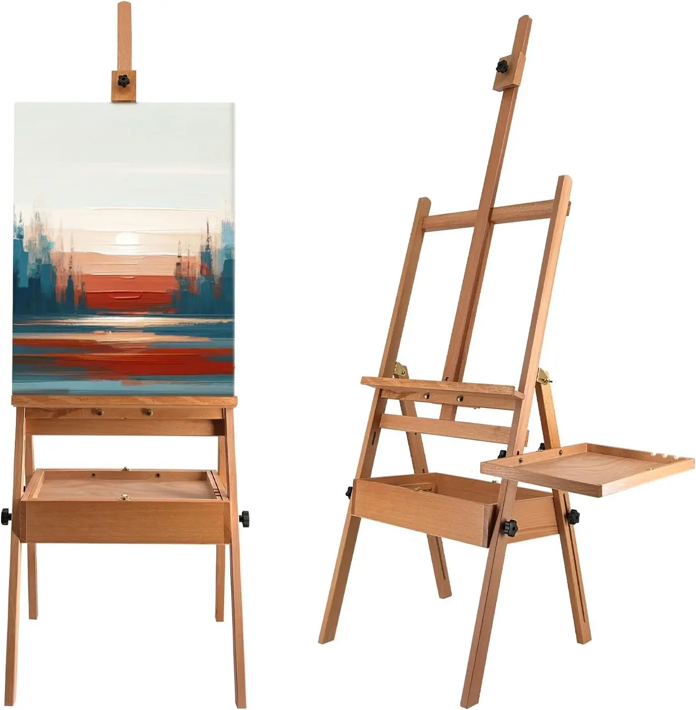 Large Solid Beech Wood Painting Easel With Storage Drawer And Palette, Adjustable Height H Frame Foldable Wooden Easel Stand For Adults Canvas Painting, Natural Brown Set