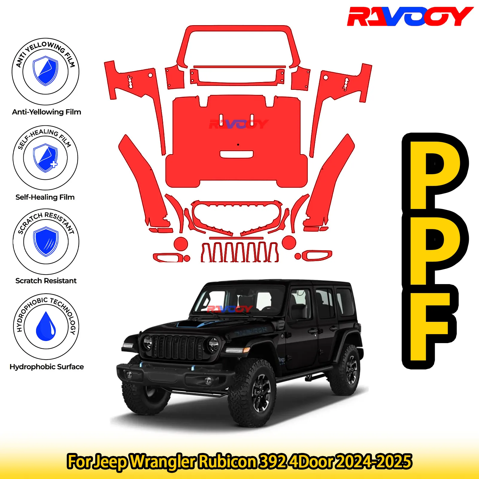 

For Jeep Wrangler Rubicon 392 4Door 2024-2025 Glossy Matte Black Precut front PPF Kit Paint Protection Film