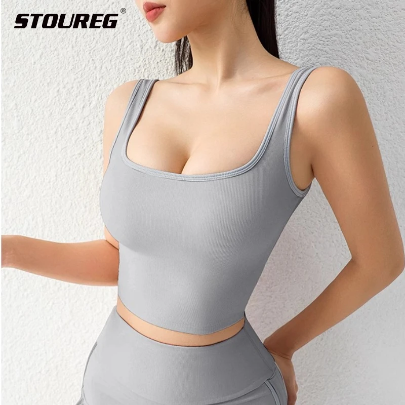 

STOUREG Pads Женский бюстгальтер для йоги Бесшовные спортивные укороченные топы в рубчик Быстросохнущая майка для бега в тренажерном зале U-образный жилет для тренировок Спортивный бюстгальтер