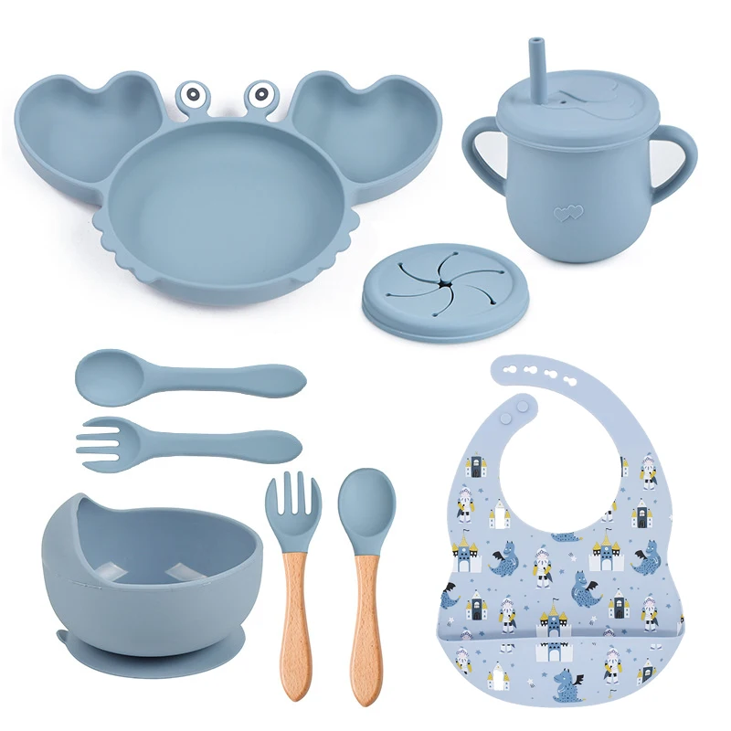 

8PCS/Set Baby Silicone Tableware Cup Bowl Crab Plate Tray Bibs Spoon Fork Sets Children Non-slip Feeding BPA Free Dinnerware