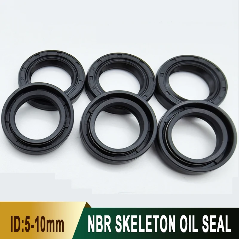 10Pcs Black Nitrile TC/FB/TG4 Skeleton Oil Seal Ring ID5/6/7/8/9/10mm OD12-30mm for Double Lip Sealing Gasket of Rotating Shaft