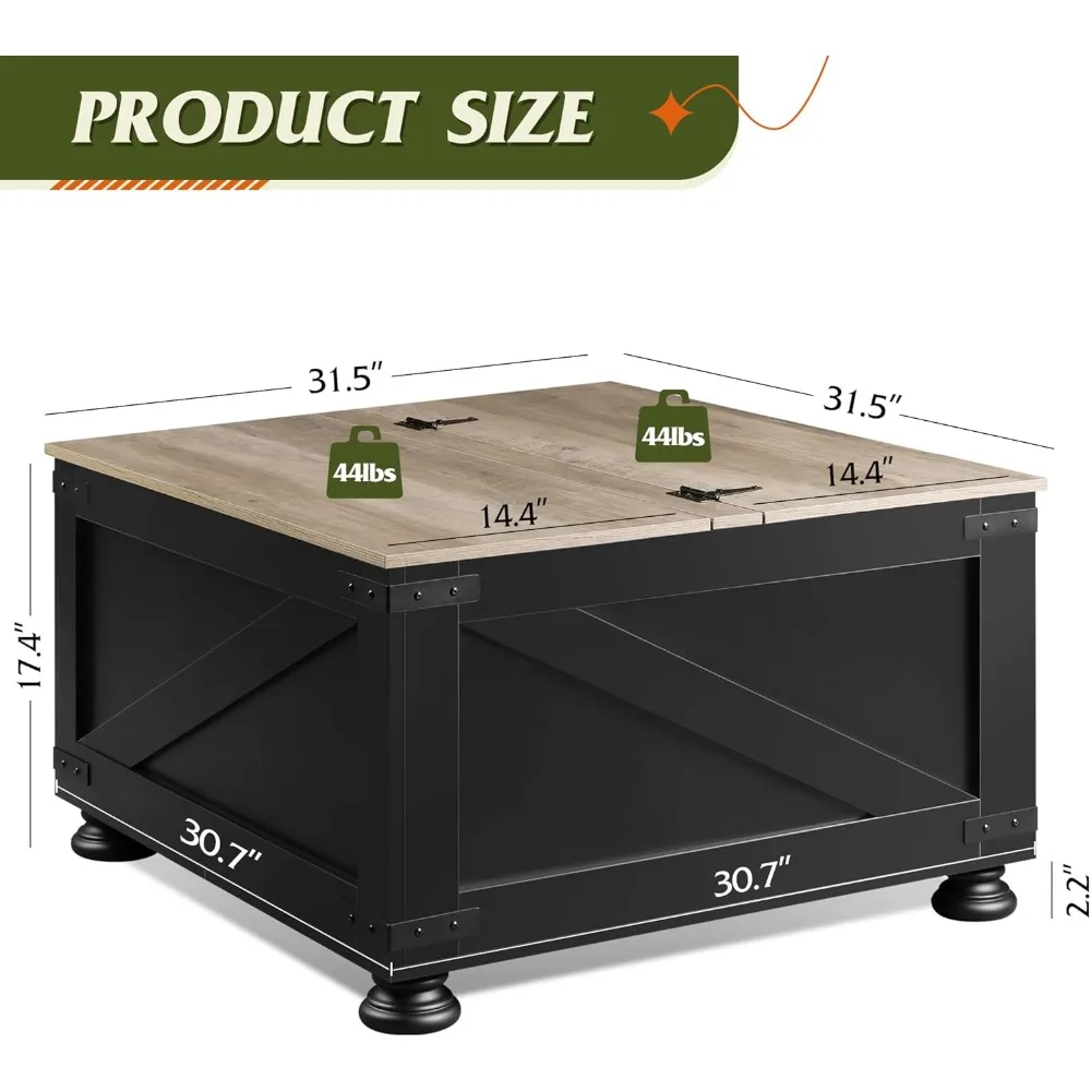 Farmhouse Style Lift Top Coffee Table with Storage, 31.5 Square, Flip-Top Hidden Compartment, Wood-Grain Finish, Functional Livi
