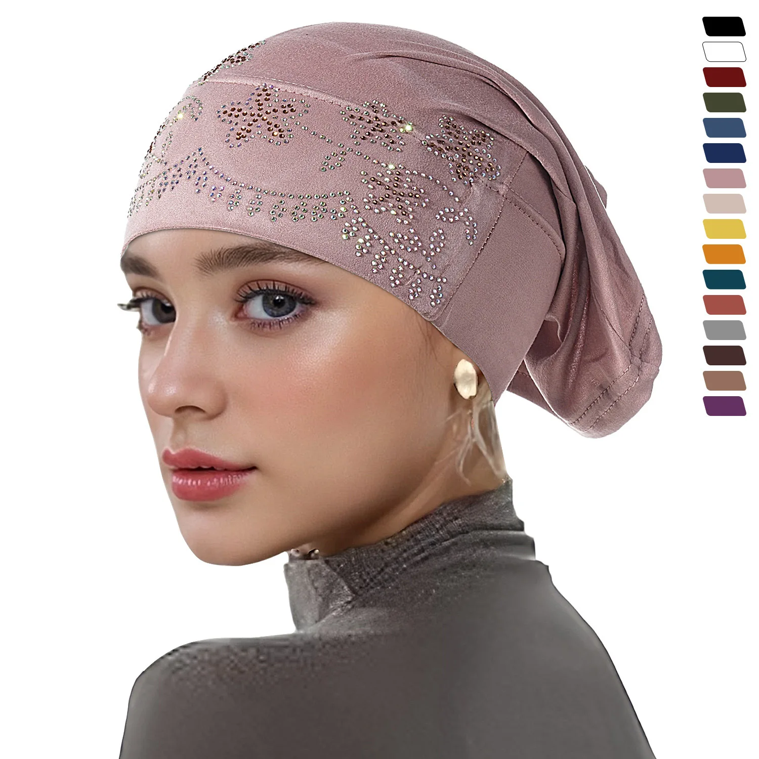 Golden Glitter Caps Muslim Elastic Tie Back Cap Women Sparkling Turban Shiny Rhinestone Inner Hijabs Soft Jersey Undercaps