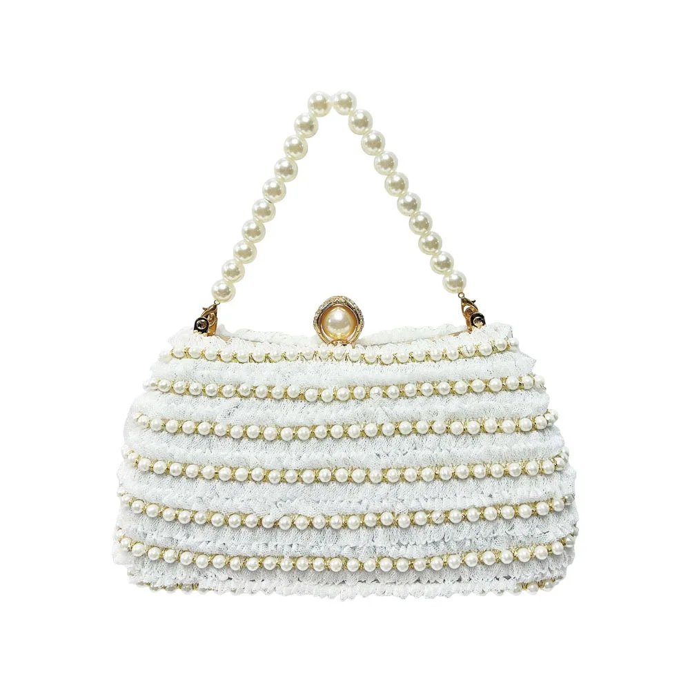 White Multi-Layer Pearl Lace Pearl Chain Top Handle Clutch Women Romantic Evening Handbag For Wedding Date Cocktail Formal Party