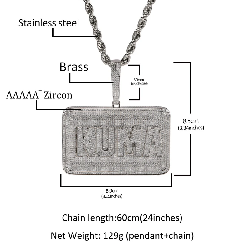 Custom Personality Letters Name Big Square Pendants Necklace for Men Hip Hop CZ Stone Bling Iced Out Rapper Jewelry