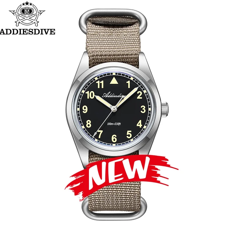 

ADDIESDIVE 36mm Men Watch Nylon Strap VH31 Movement 316L Stainless Steel Luminous 100M Waterproof Sandblasted Case Quartz Watch