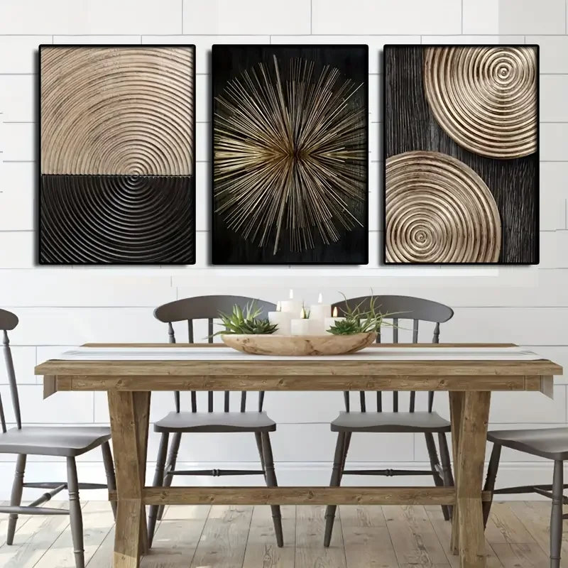 3pcs Nordic-Inspired Black Wood Grain Wall Art Set - Modern Abstract Canvas Prints for Bedroom, Living Room & Home Office Decor