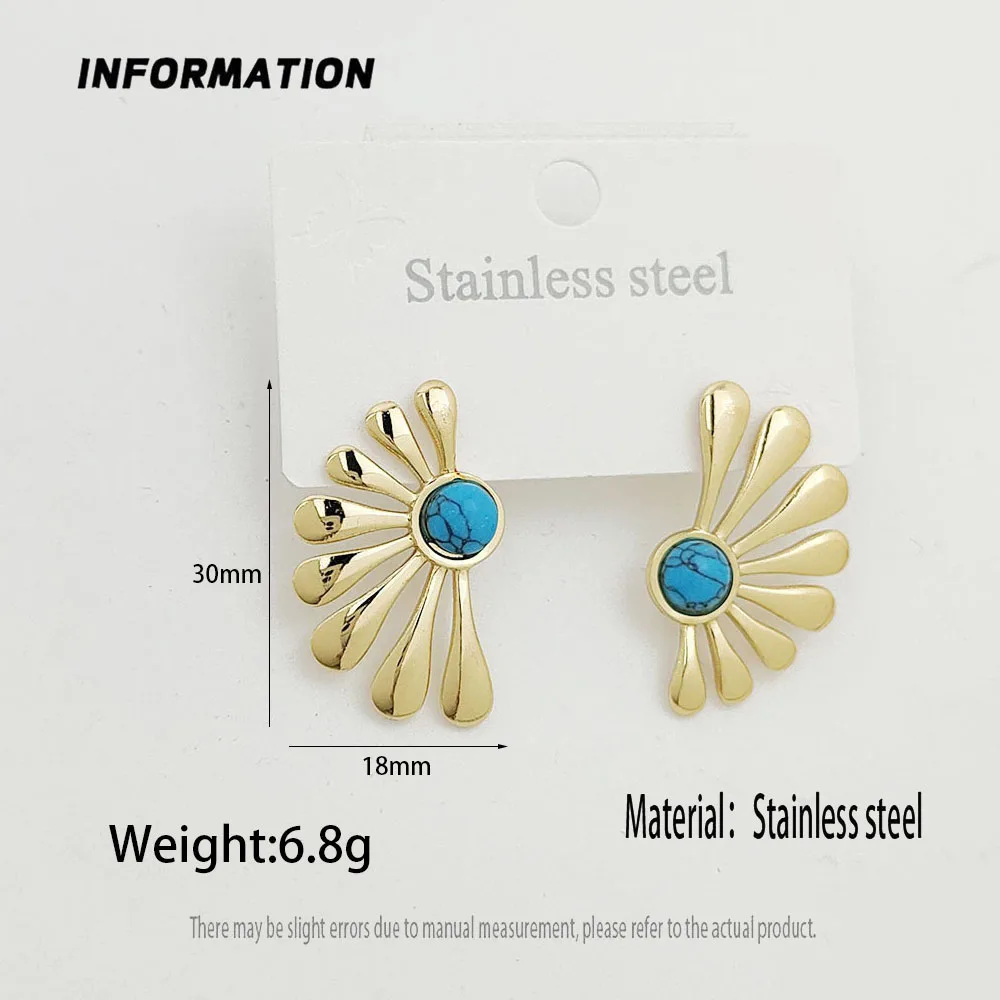 Stainless Steel Fan Shape Teardrop Stud Earrings Gold Tone Inlaid Stone Vintage Statement Ear Jewelry for Women
