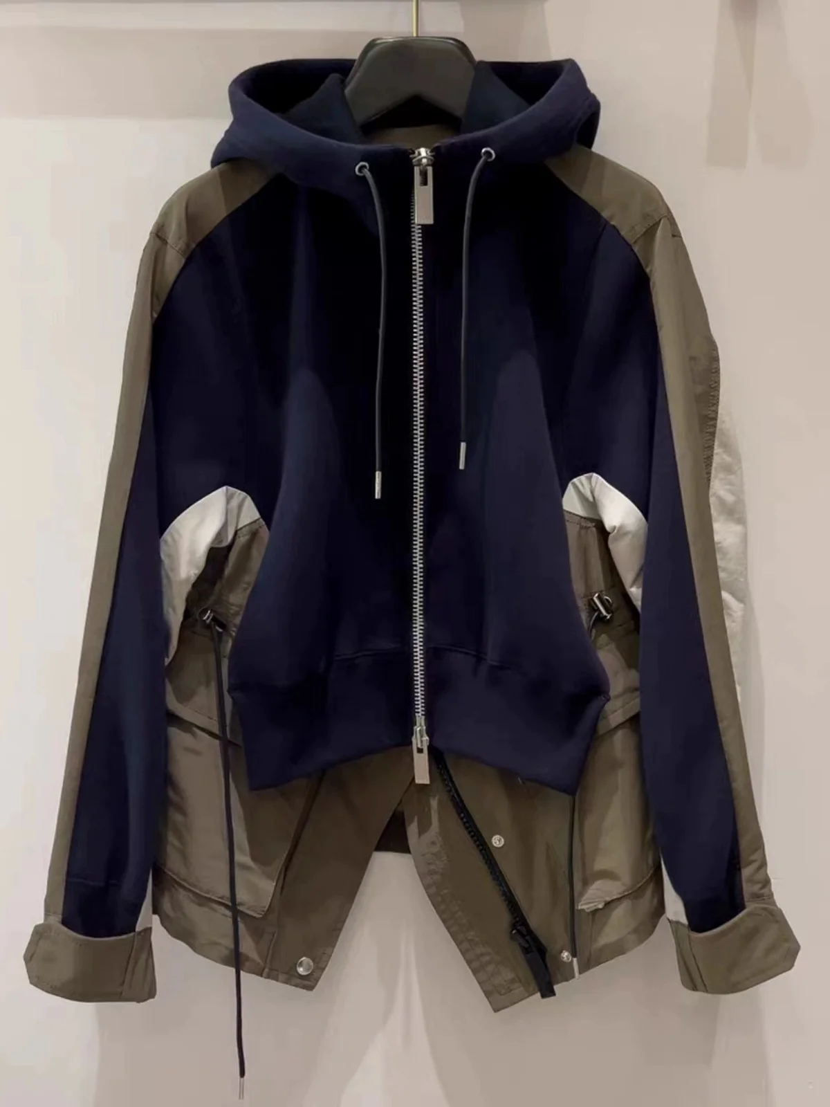 Fog Sacai 2024 Spring and Summer New Casual Contrast Color Drawstring Outerwear Cargo Wind Loose Hood Patchwork Jacket