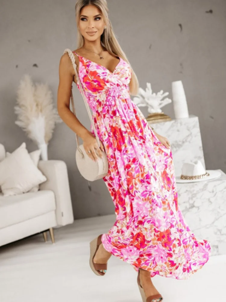 Abito da donna sexy con fionda floreale di nuova moda con scollo a V Abiti da sera estivi da sera Club Stampa Abito da spiaggia per le vacanze