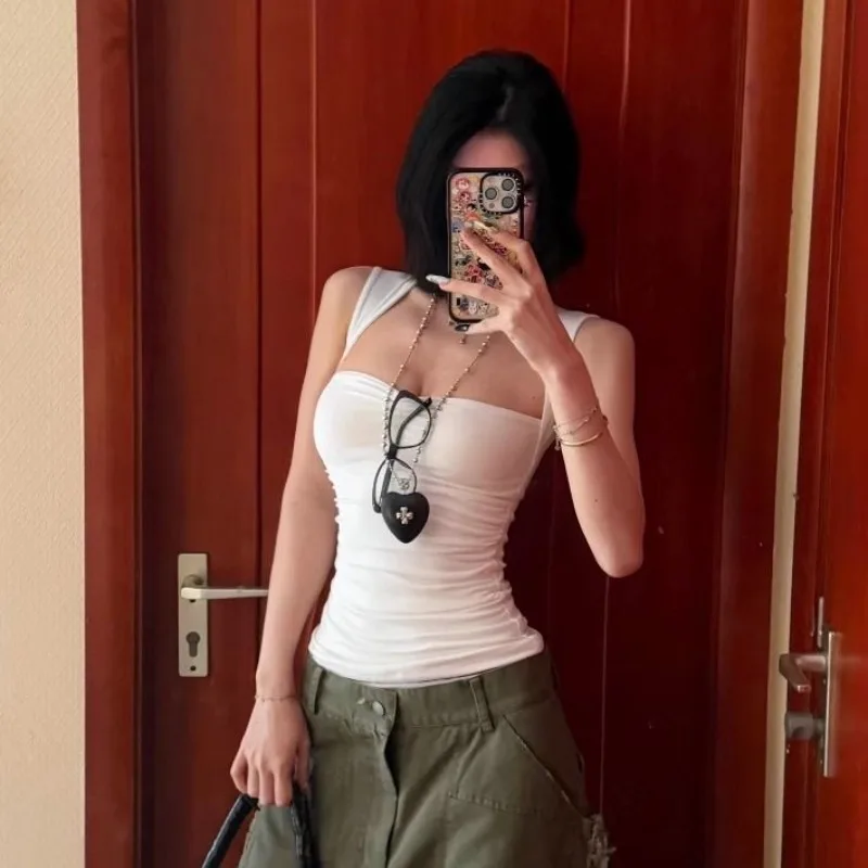 Women American Retro Square Neck Sling Vest for Women's Summer Spice Girls Slim and Thin Waist Wear Elastic Sleeveless Inner Top