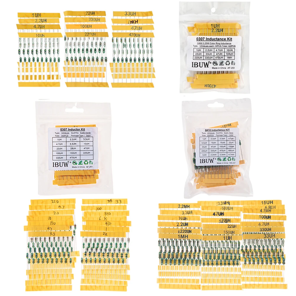 2.2UH 3.3UH 4.7UH 6.8UH Color Ring Inductor Assortment 0307 1/4W  0410 1/2W 1UH Inductors Inductors Assorted Set Kit 10UH 100UH