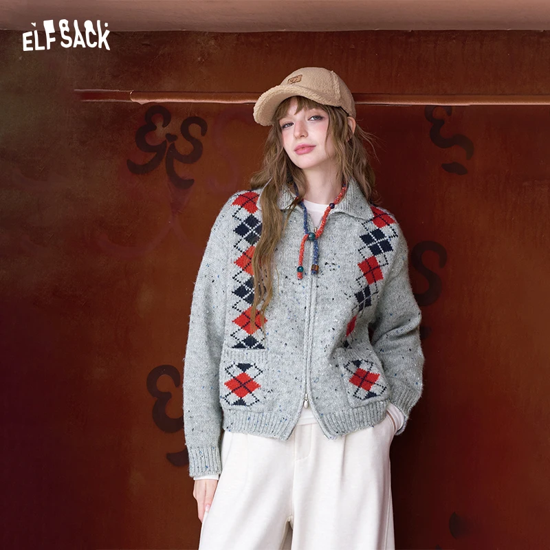 

ELFSACK Минималистичный повседневный двубортный ромбовидный укороченный вязаный кардиган с двойной молнией и лацканами для женщин