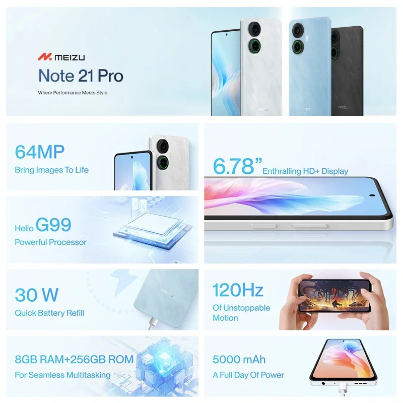 글로벌 버전 Meizu Note 21 Pro 스마트폰 64MP 메인 후면 카메라 5000mAh 배터리 6.78" 120Hz 디스플레이 30W 충전 Helio G99 NFC