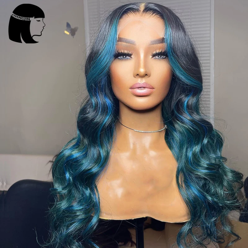 Ombre Blue Highlight 13X6 Lace Front Human Hair Wigs Body Wave Lace Wigs For Black Women Glueless lace Closure Wigs