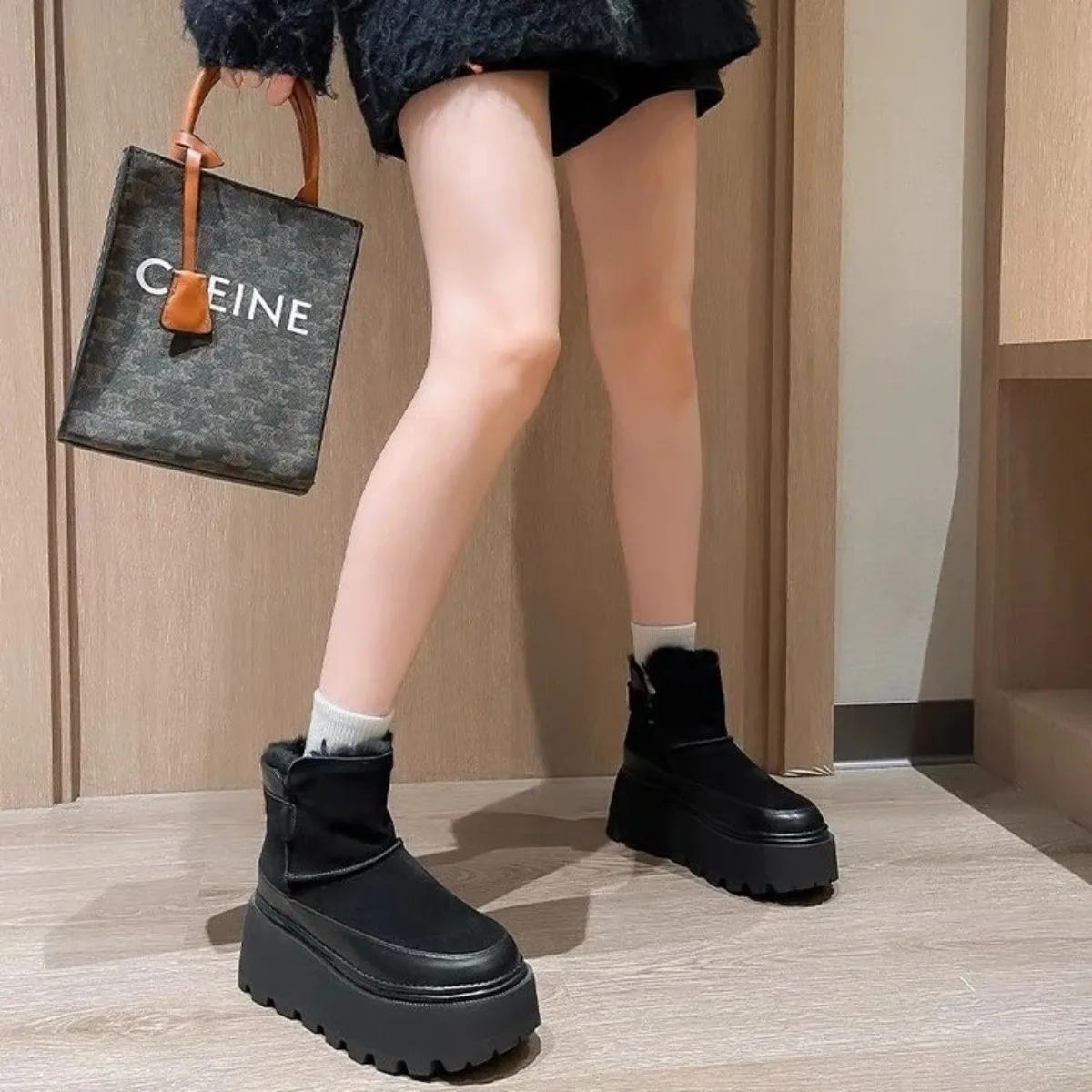 Bottes de rinçage à plateforme pour femmes, chaussures en daim, courtes, peluche, coton, mi-talons, tendance, chaudes, confortables, hiver, nouveau, 2025