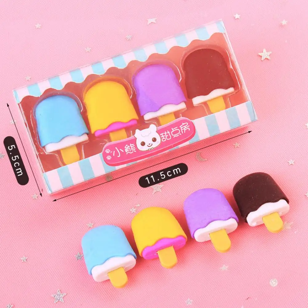 Soft Erasers Three-dimensional Erasers 4 Pcs Cute Food Shape Erasers Set Cartoon Lollipop Ice Cream Doughnut Toys Safe No Odor