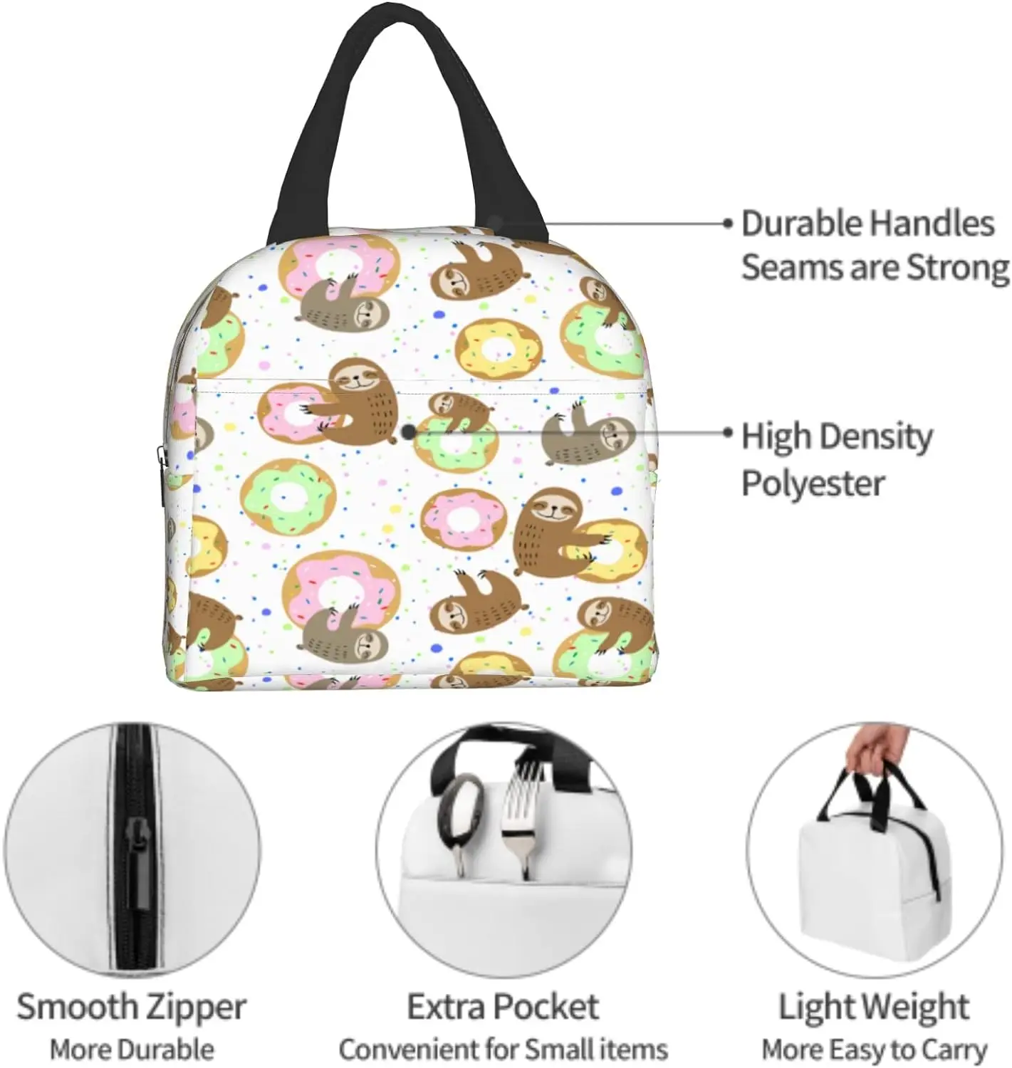 Cute Sweet Donuts Sloth Waterproof Insulated Lunch Bag Fashionable Anime Durable Tote Bag with Pocket and Zipper for Scho