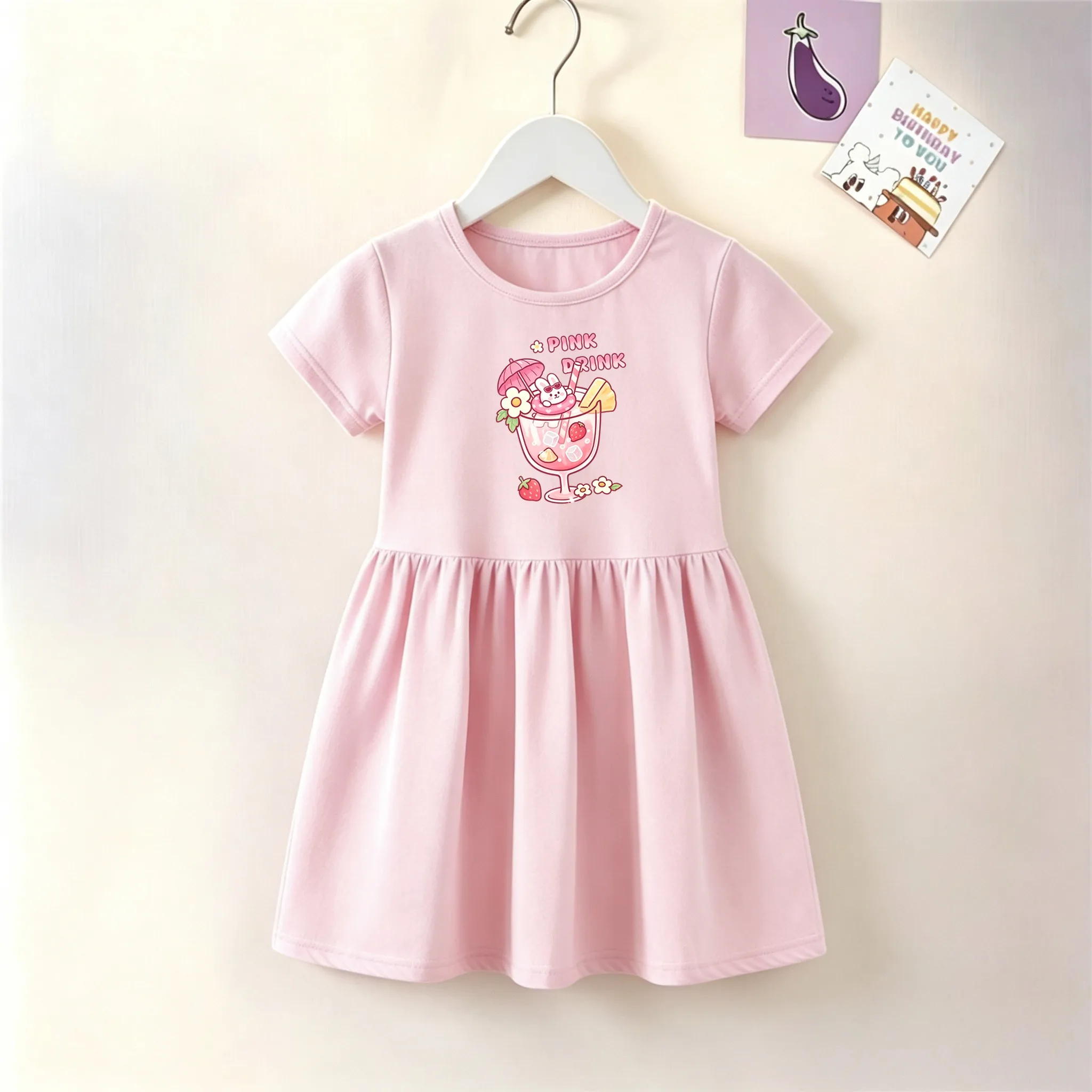 Girls Cotton Summer Dress Short Sleeve Cute Cartoon Fruit Drink Print Fashion Daily Wear A-line Pleated Dress For 3-10Y