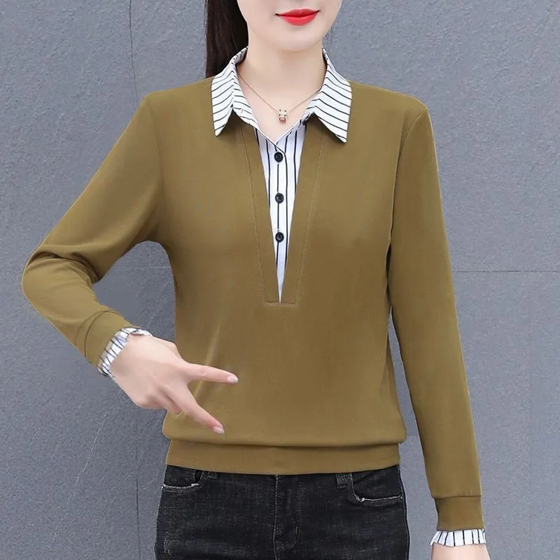 2024 Women\'s New Spring Autumn Korean Version Polo-Neck Button Spliced Fashion Loose Casual Long Sleeve Fake Two Shirts Tops